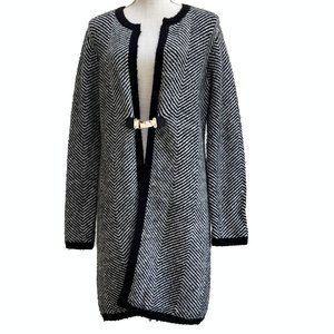 Madison Michelle Herringbone Open Front Midi Black and White Cardigan